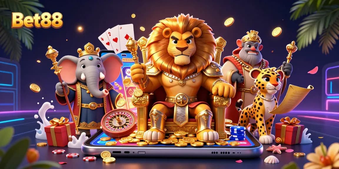 Experience excitement with Bet88's vibrant gaming scene featuring a lion king and slot games.
