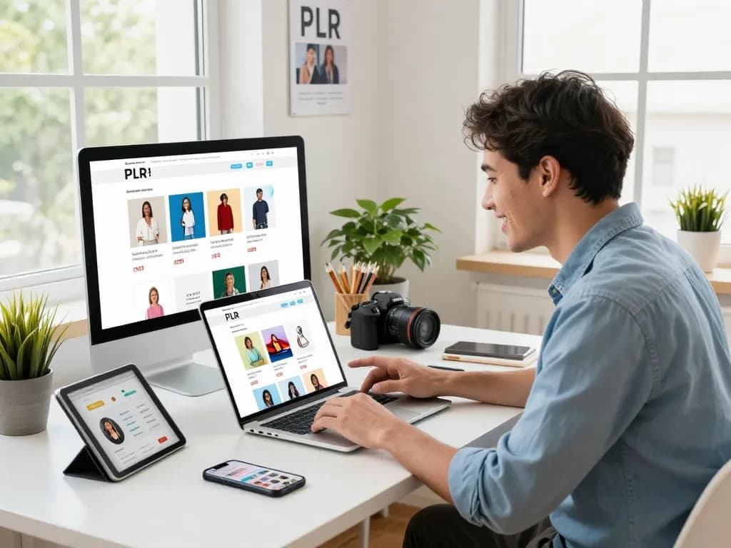 Buy PLR Digital Products displayed in a vibrant e-commerce workspace, showcasing entrepreneur engaging with digital catalog.