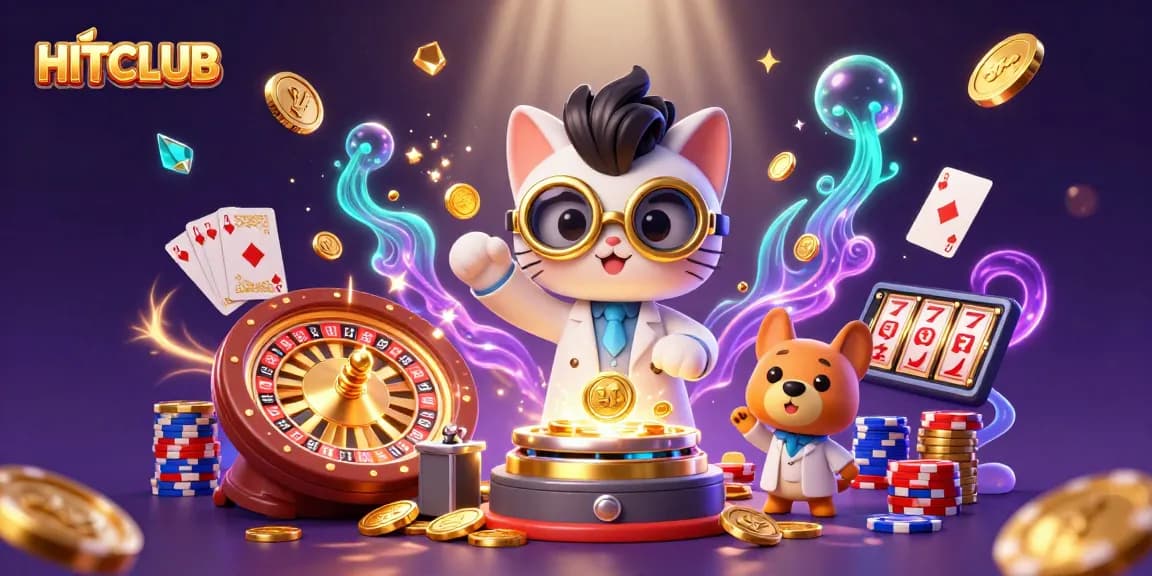 Win big at HITCLUB with exciting 3D illustration of a mad scientist cat and golden casino elements.