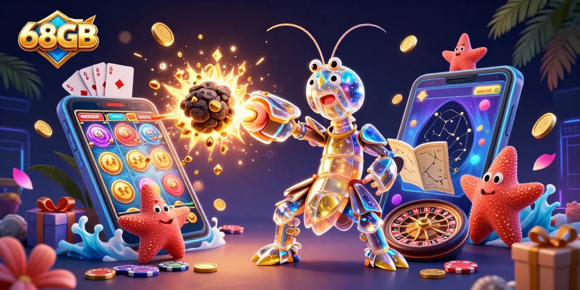 Engage with 68GB slots as golden coins erupt from a smartphone in a vibrant 3D casino scene.