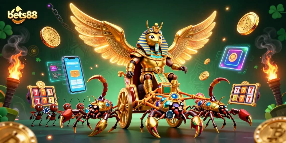 Experience thrilling jackpots at bets88 with dynamic casino elements featuring a golden scarab chariot.