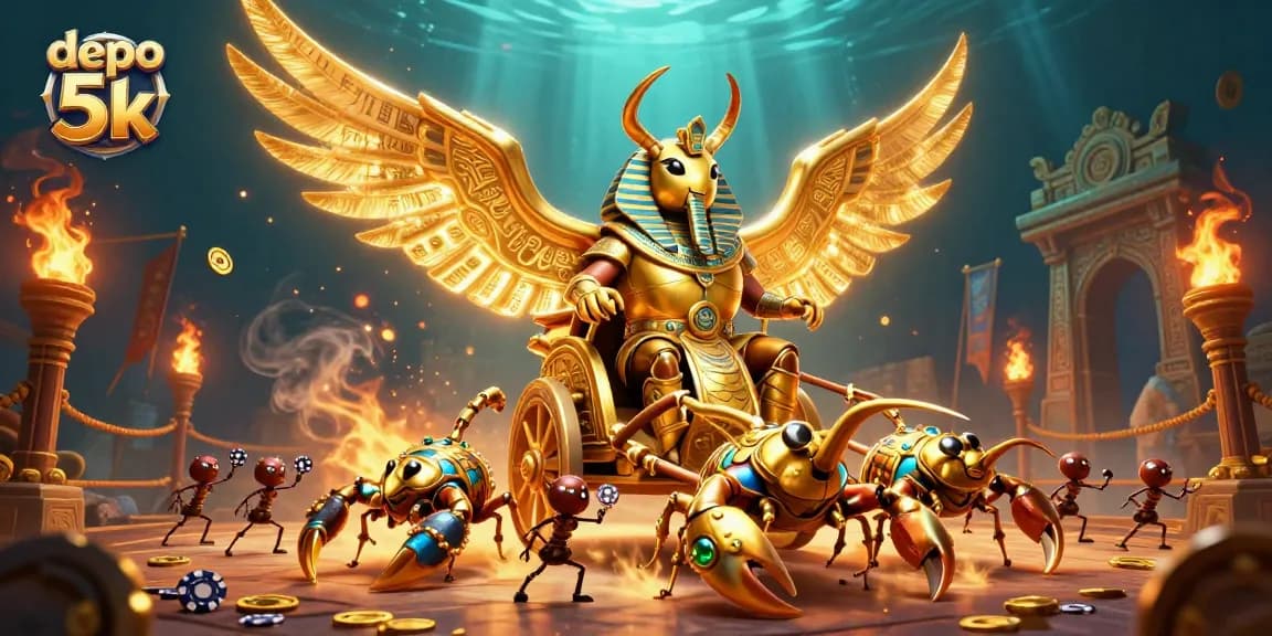 Experience jackpot thrills at depo 5k with a magnificent golden beetle in a dynamic casino scene filled with excitement.