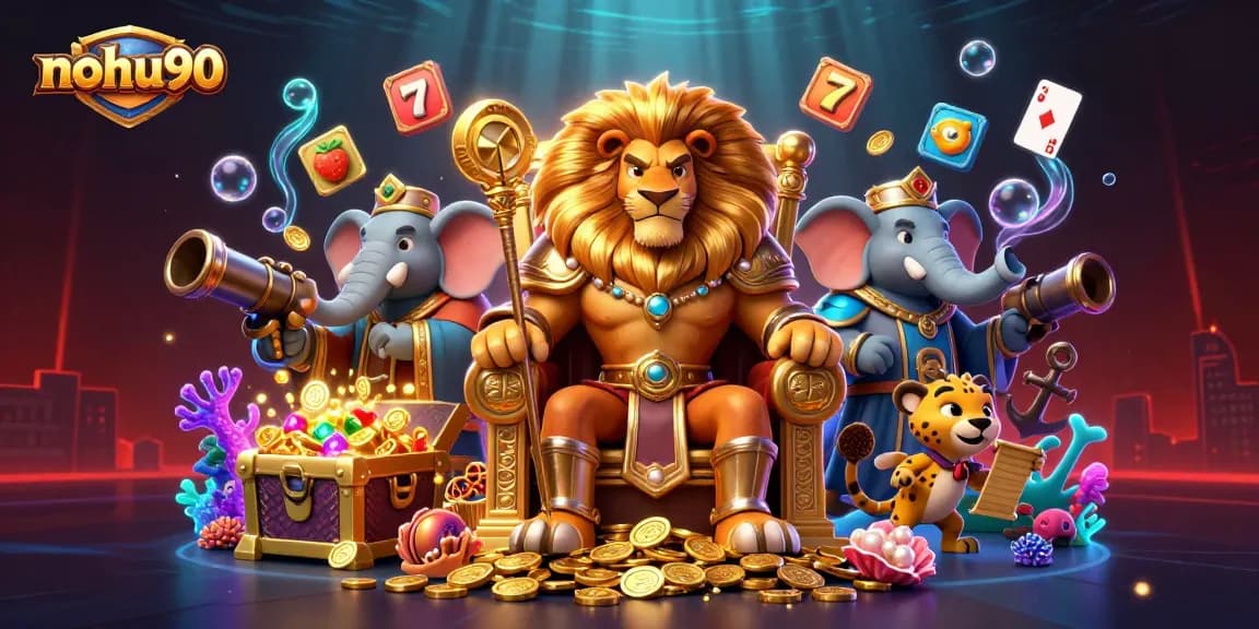 Nohu90 players explore thrilling jackpots with vibrant slot reels in an enchanting casino scene.