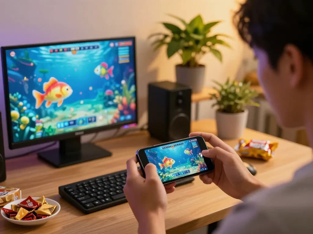 Bắn cá đổi thưởng gameplay showcasing vibrant underwater graphics on a smartphone, engaging player in strategic fun.