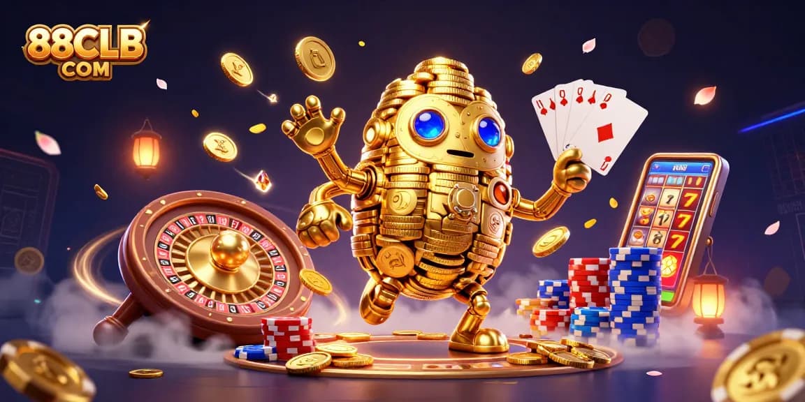 Experience thrilling gaming with 88CLB COM as a golden golem and vibrant casino elements abound.