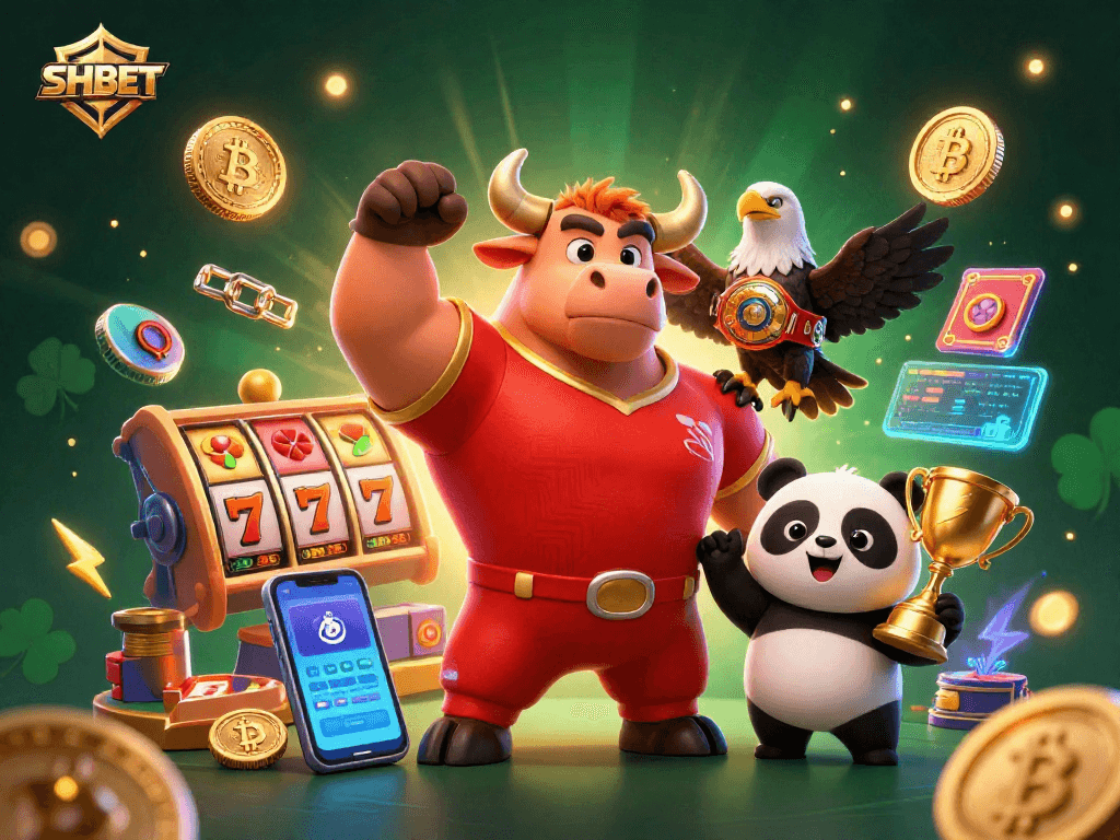 Experience the thrill of SHBET with a victorious bull, eagle, and panda amid vibrant gaming elements.