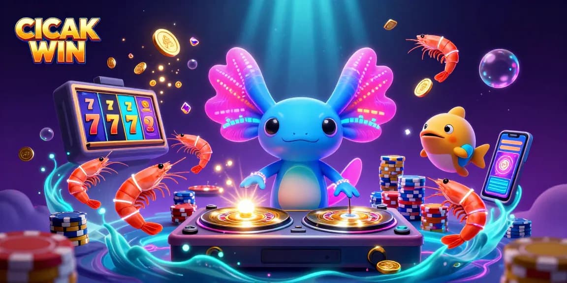 CICAK WIN showcases a vibrant casino-themed underwater party with a neon axolotl DJ and lively shrimp dancers.