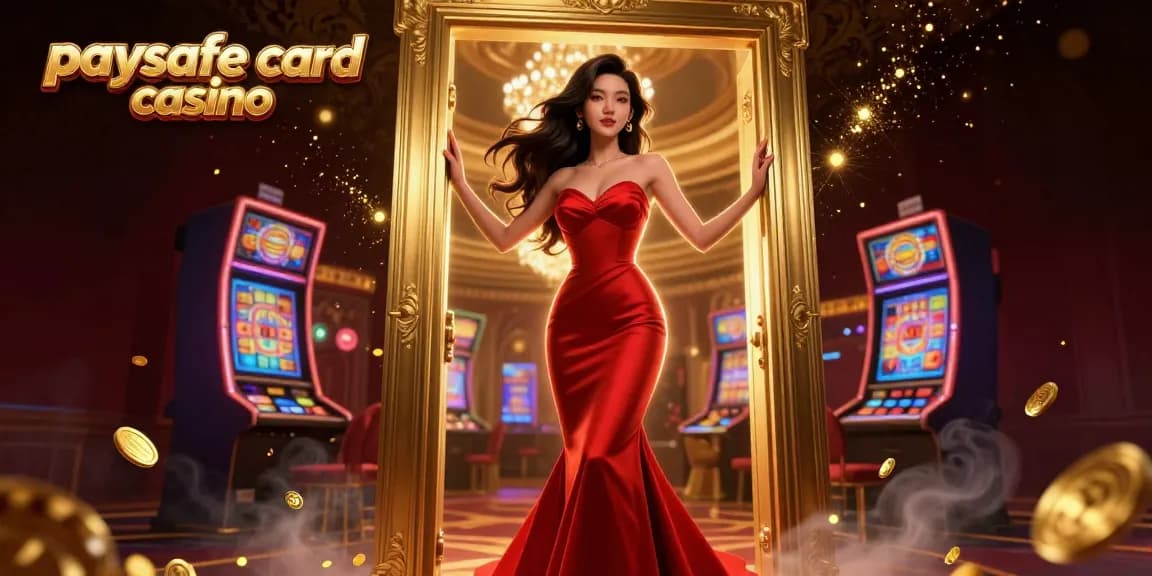 Paysafe Card Casino Illustration mit einer atemberaubenden Frau in einem glamourösen Kleid in einer lebendigen Spielautomaten-Umgebung.