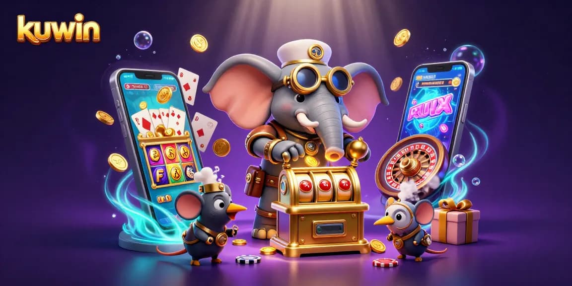 Kuwin captivates players with its steampunk-themed casino scene featuring vibrant slot games and dynamic winning elements.