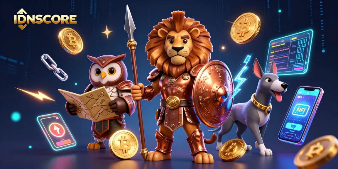 IDNSCORE gaming scene featuring a Spartan lion and cryptocurrency elements with thrilling action.