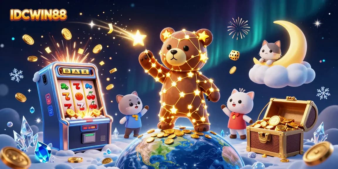 Experience thrilling wins at IDCWIN88 with vibrant slot machines and shooting stars.