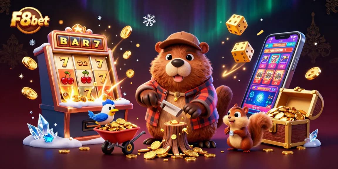 Watch F8bet's cartoon beaver, bird, and squirrel enjoying a fun-filled casino adventure!