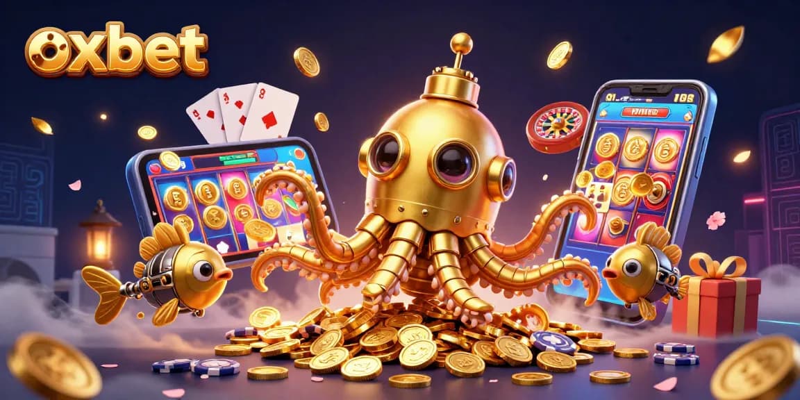 Experience the thrill of oxbet as a golden kraken submarine rises through coins in a vibrant casino scene.