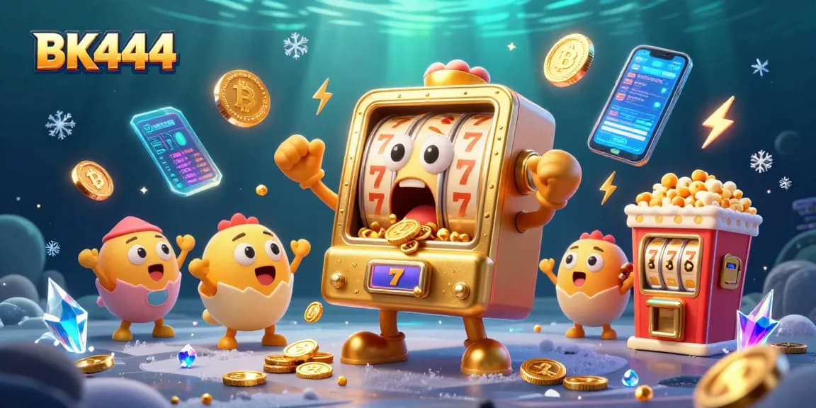 Experience the excitement of BK444 as the animated golden slot machine celebrates a jackpot amidst vibrant casino elements.