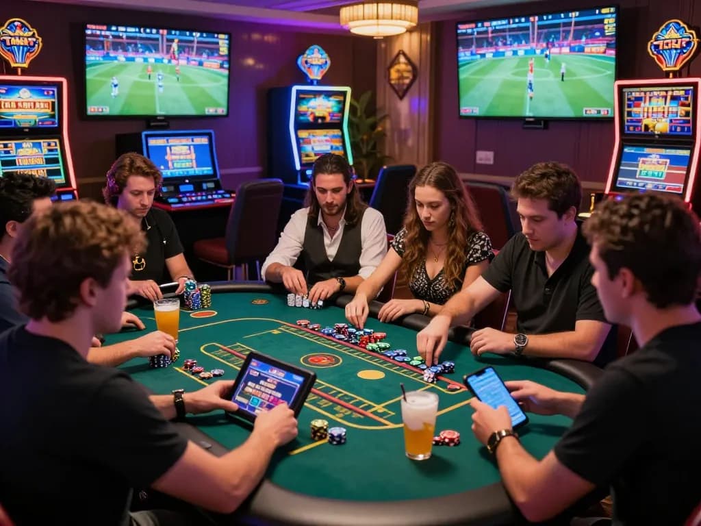 Diverse players enjoying their gambling experience at https://ko66a.uk.com/ in a luxurious online casino setting.