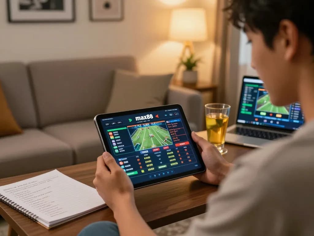 Engaged user exploring sports betting live options via max88 on a tablet in a cozy home environment
