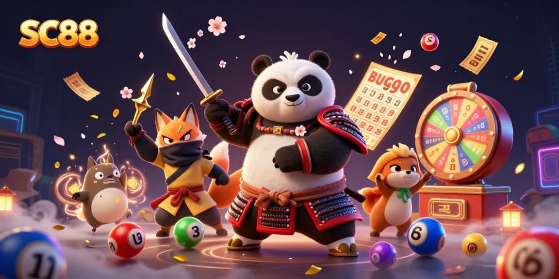 Engaging SC88 animated scene with a samurai panda and ninja fox amidst dynamic casino elements.