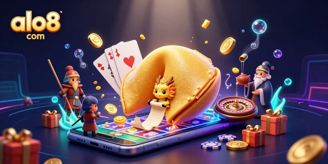 Play exciting games at alo8 com featuring a giant golden fortune cookie and dynamic casino elements