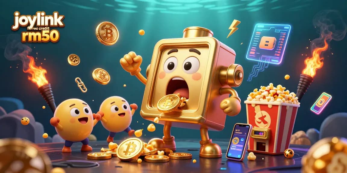 Experience joylink free credit rm50 with a lively illustration of a surprised slot machine winning coins with cheer from baby machines.
