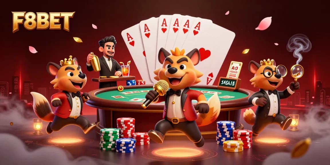 F8BET showcases vibrant casino moments, featuring hyenas entertaining in a lively gaming atmosphere.