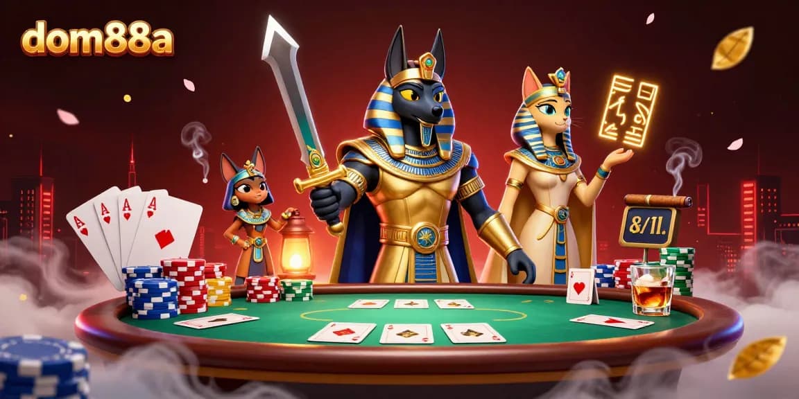 Engage with dom88a in an exciting 3D casino scene featuring Anubis and Bastet amidst poker elements.
