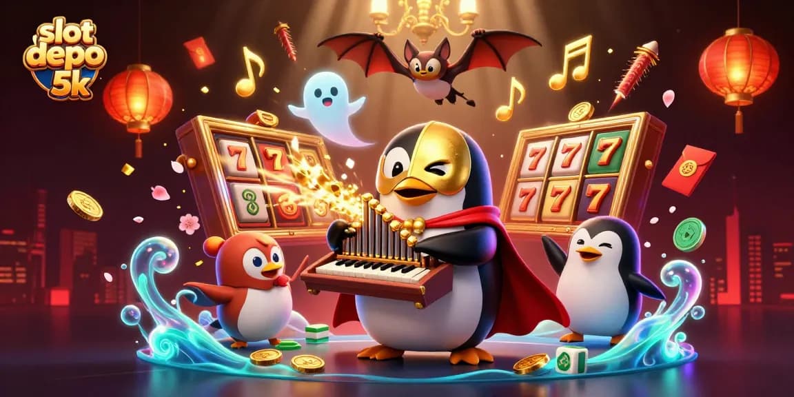Experience dynamic wins with slot depo 5k as a penguin plays for golden coins amid a vivid gaming scene.