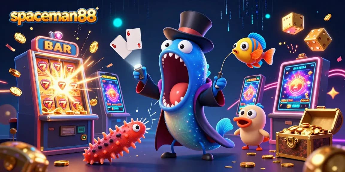 Spaceman88 showcases thrilling card tricks in a vibrant 3D slot casino scene.