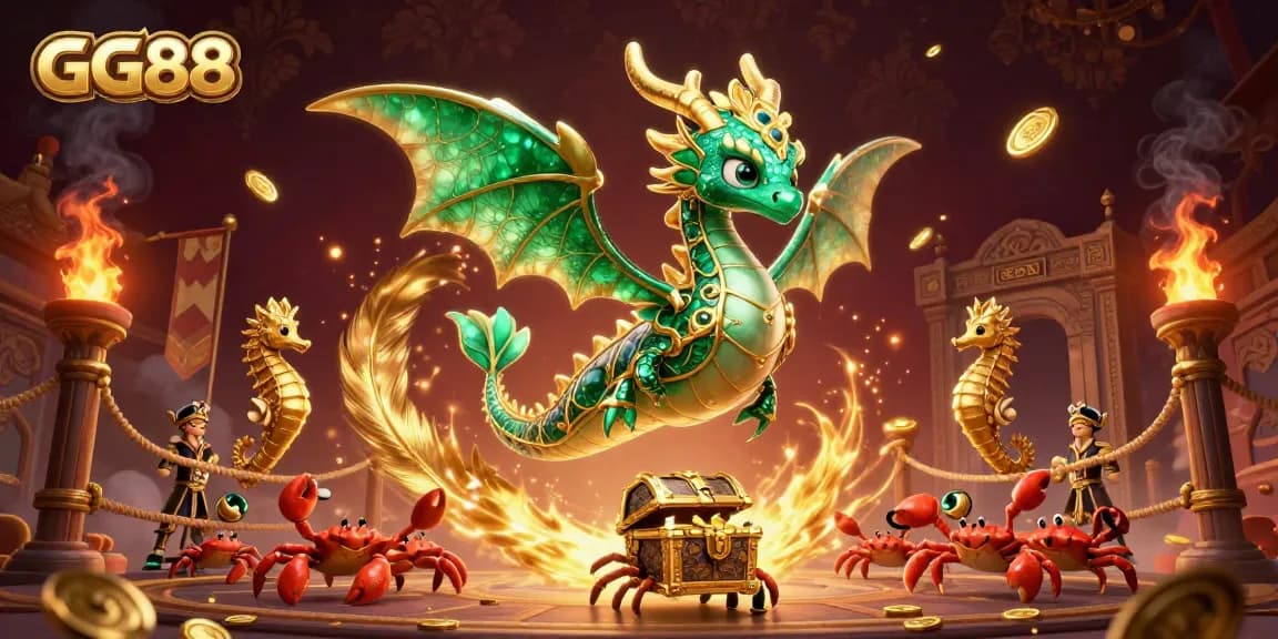 Engage with GG88's captivating gambling adventure filled with a treasure chest, vibrant gold accents, and fantasy elements.