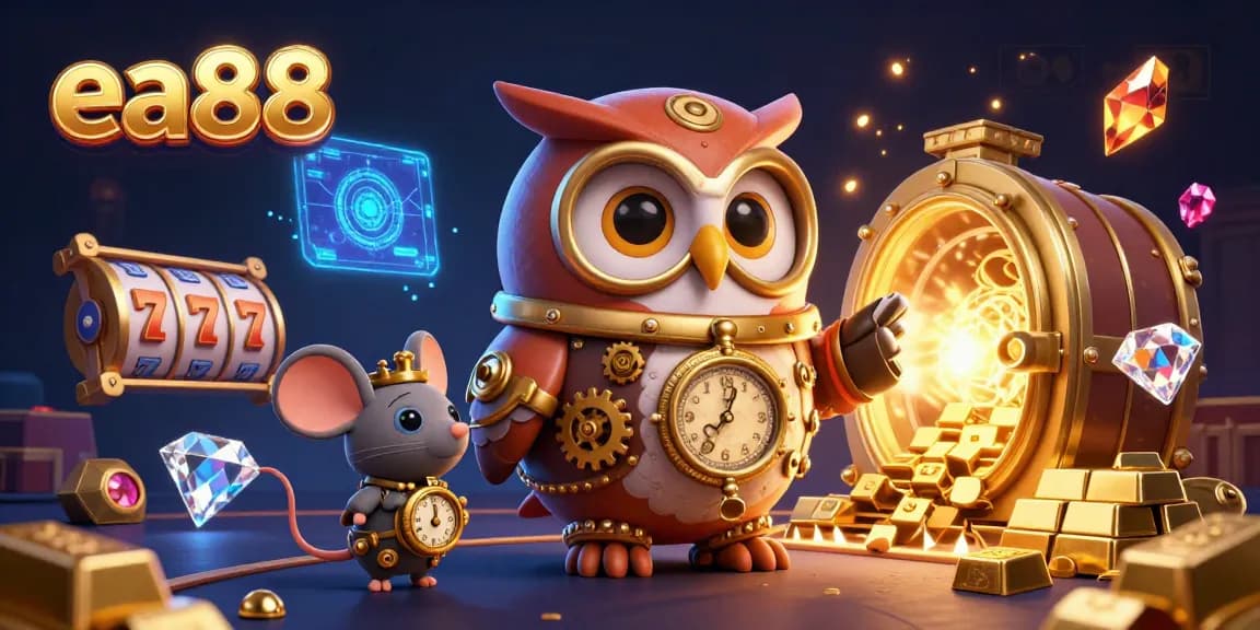 Engage with ea88's lavish 3D casino world featuring a time-traveler owl and grand treasures.