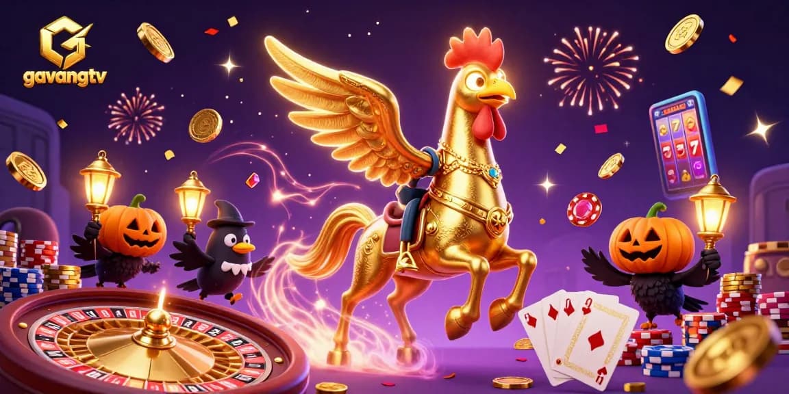 Experience the thrilling action of gavangtv with the golden rooster in a vibrant casino scene.