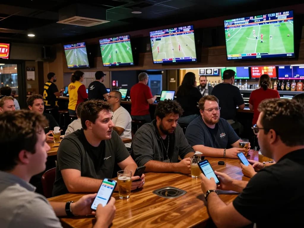 Okwintv users engage in thrilling sports betting at a lively bar with screens showing live games.