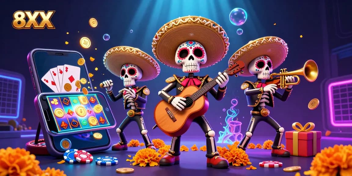 Experience thrilling wins with 8XX as vibrant mariachi skeletons celebrate in a colorful gaming scene.