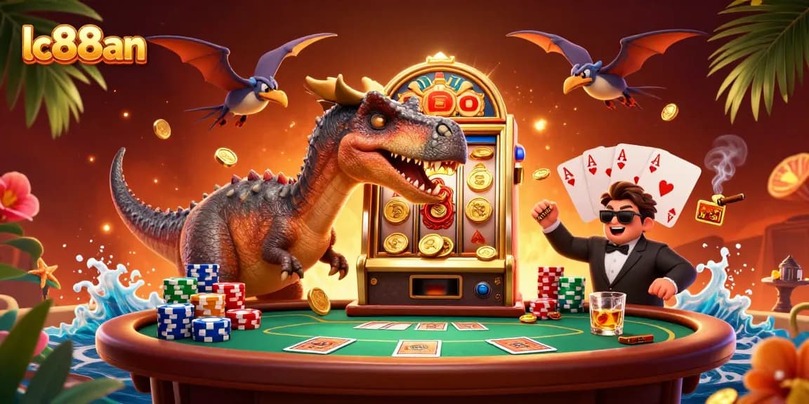 lc88an showcases a vibrant 3D casino scene featuring animated dinosaurs and a jackpot slot machine.