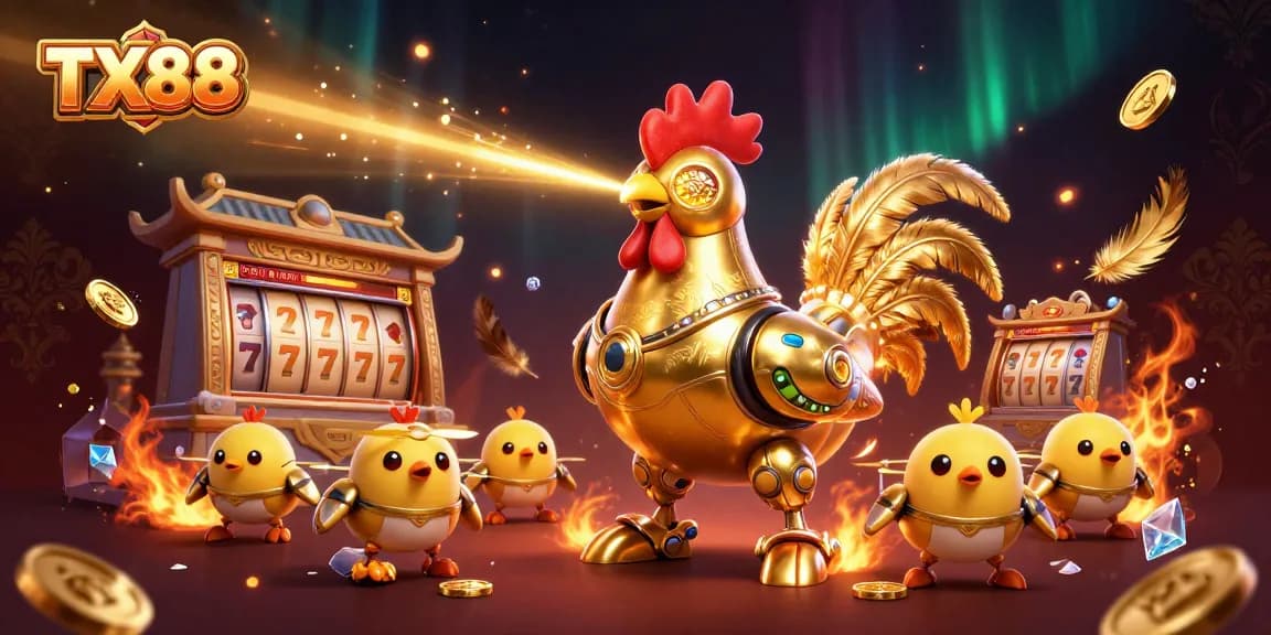 Experience the excitement of TX88 with a vibrant illustration showcasing 3D characters and casino elements.