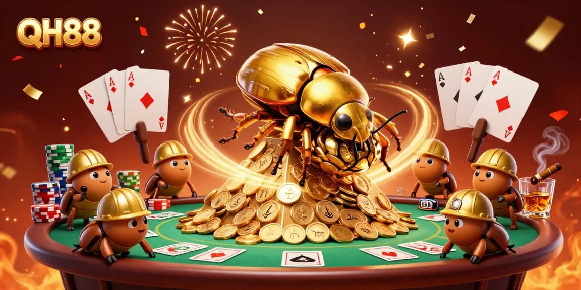 Experience thrilling victories at QH88 with a vibrant casino scene filled with gold coins and poker elements.