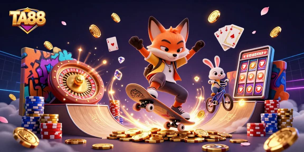 TA88 showcases an exciting scene with a skateboarder fox and BMX rabbit amidst casino symbols.