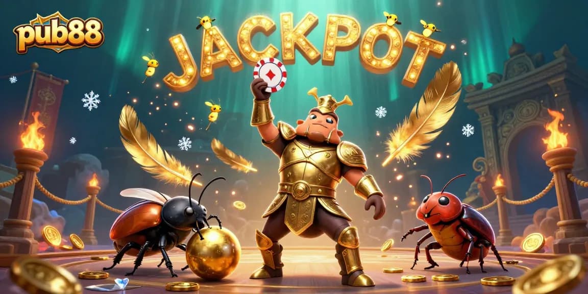 Experience the excitement of pub88 with a victorious golden beetle in a dynamic casino scene.