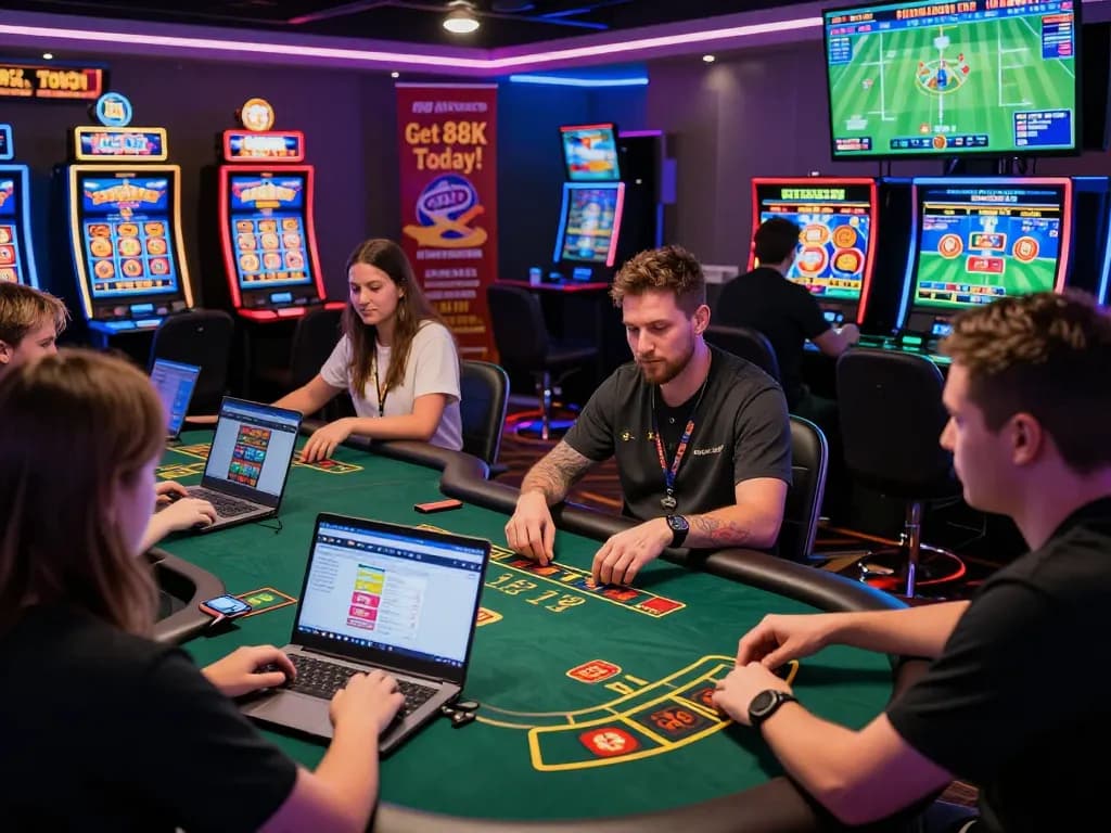 Engaged players enjoying diverse online games on rr88.com with vibrant casino atmosphere.