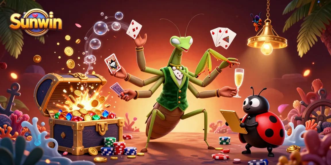 Sunwin showcases vibrant casino games with a giant praying mantis card sharp and ladybug pit boss.
