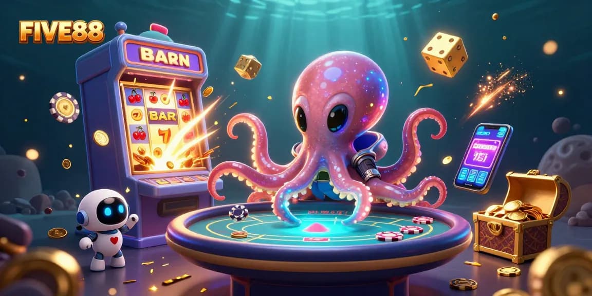 FIVE88 showcases a dynamic casino scene with an alien octopus at a poker table amidst vibrant game elements.
