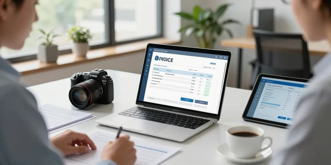 Detect fake invoice with business professional reviewing digital invoices in a modern office.