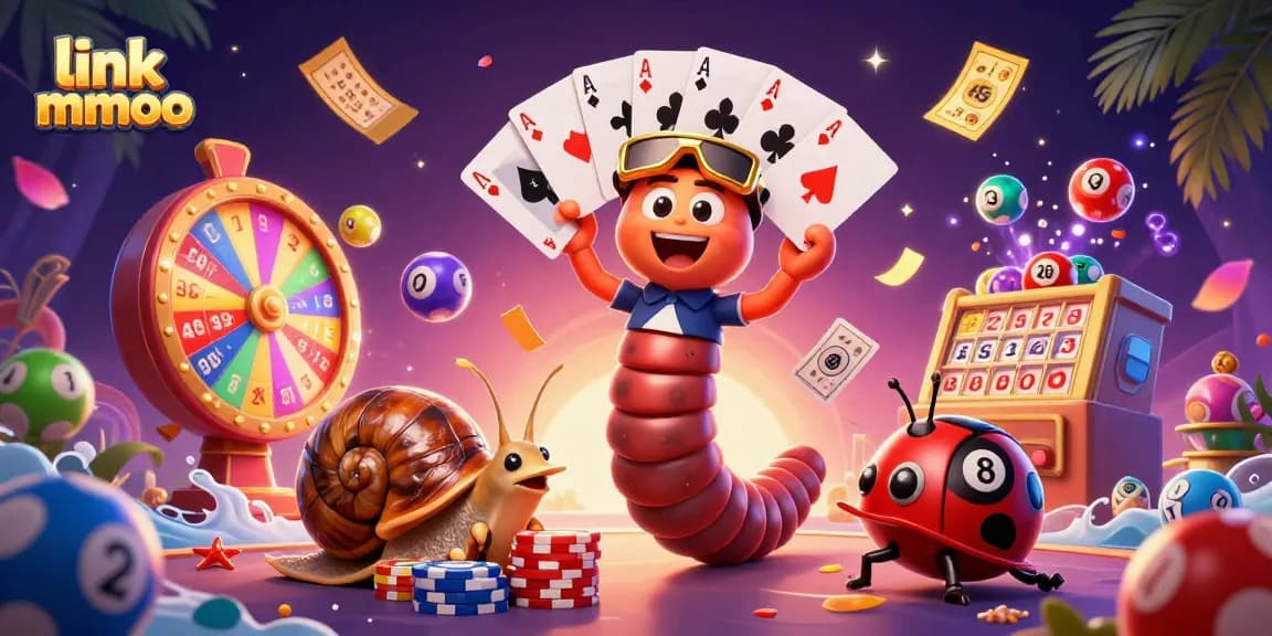 Engage with the energetic scene featuring link mmoo amid vibrant casino elements and playful characters.