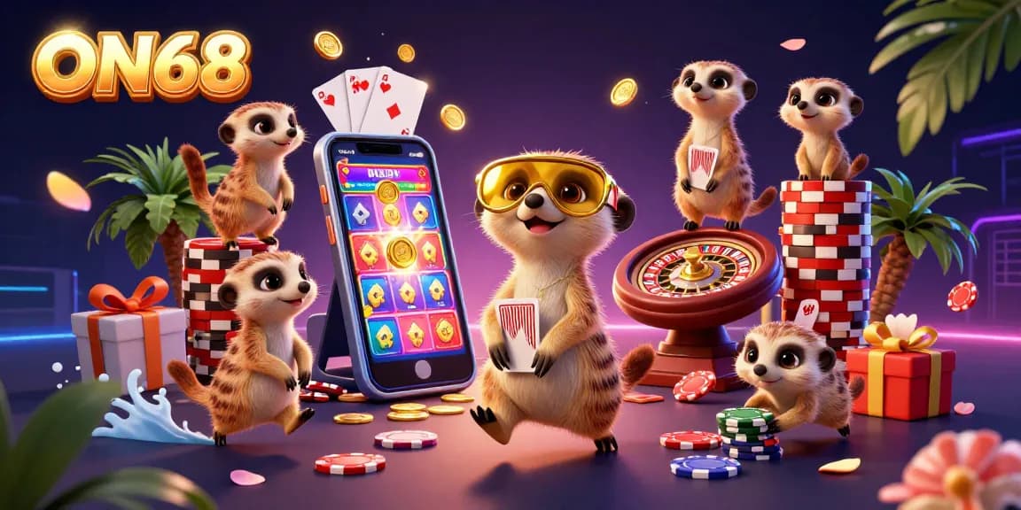 Experience the excitement of ON68 with meerkats managing a dynamic casino scene filled with games and action.