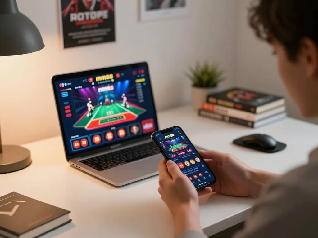 Engaging in mm88 online casino gaming with smartphone in cozy home office