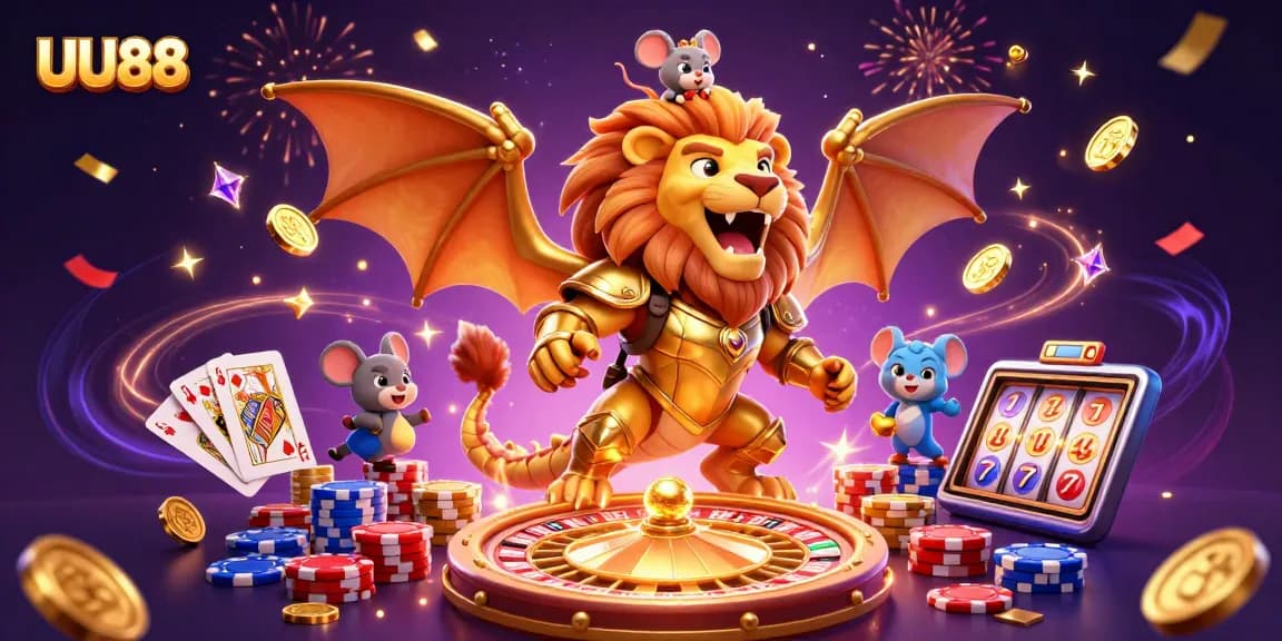 Experience thrilling gaming action with the majestic UU88 chimera amidst golden casino treasures.