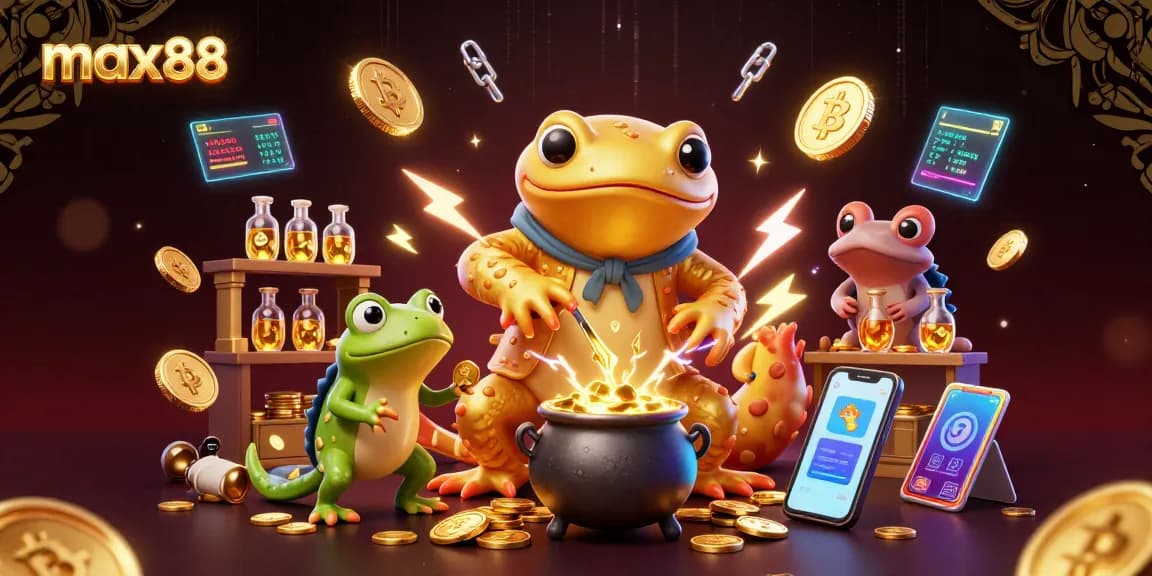 Engage with max88's golden entertainment through a vibrant alchemist scene filled with crypto and gaming elements.