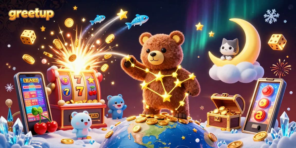 Engage with greetup's exciting gaming experience as golden coins rain down from a cosmic bear.