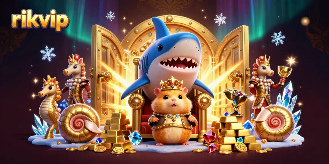 Experience the excitement of rikvip as the golden hamster king reigns amidst gold treasures and dazzling gems.