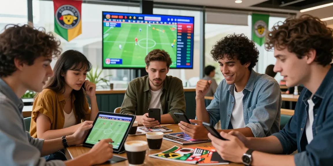 Friends discussing keo nha cai while enjoying a lively sports betting atmosphere in a modern lounge setting.