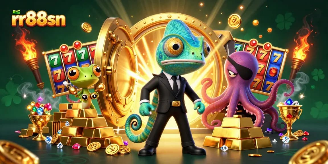 Experience thrills at rr88sn with vibrant slot machines and cartoon characters in a dynamic casino scene.